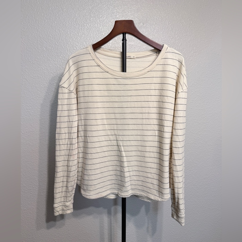 Marine Layer Women's Cream/Black Striped Supima Cotton Blend LS Tee - Women's XL